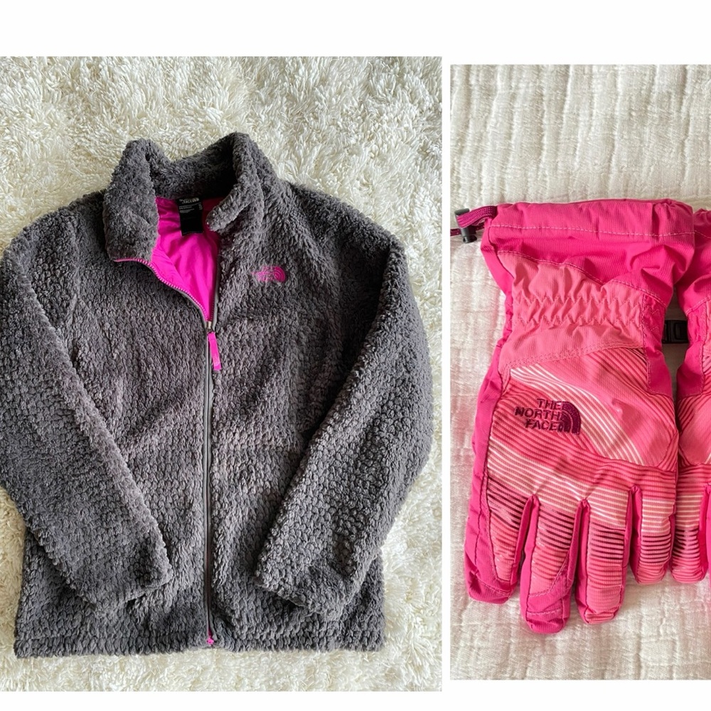 The North Face Kid's Grey/Pink Fuzzy Jacket XL & Pink Gloves L